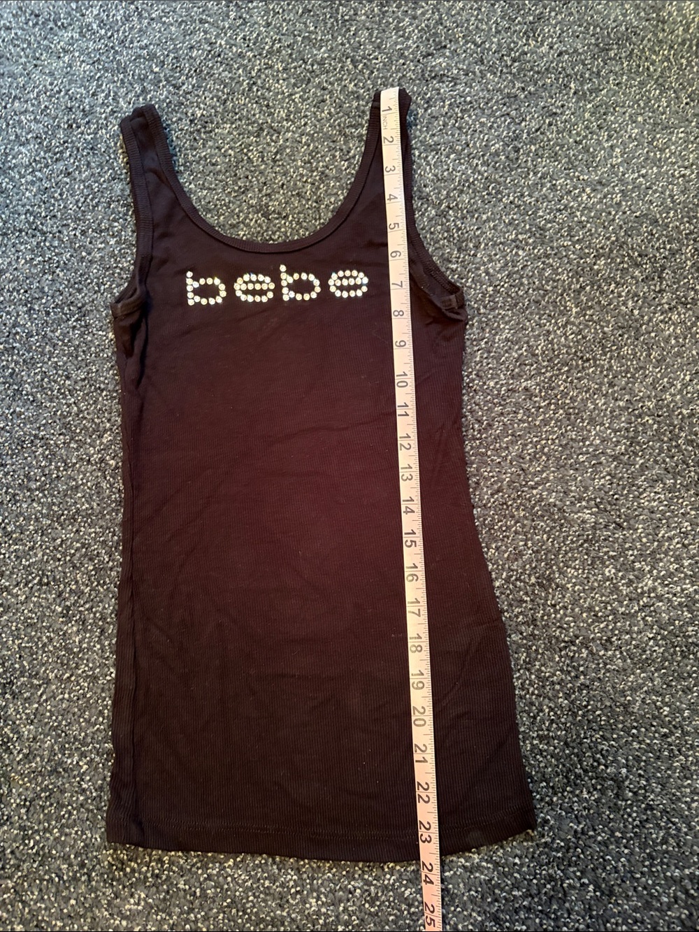 bebe Black Ribbed stretch Top with rhinestone Logo - Picture 8 of 8